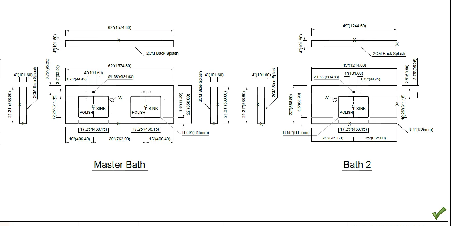 Detailed CAD drawing showing Master Bath and Bath 2 for client approval