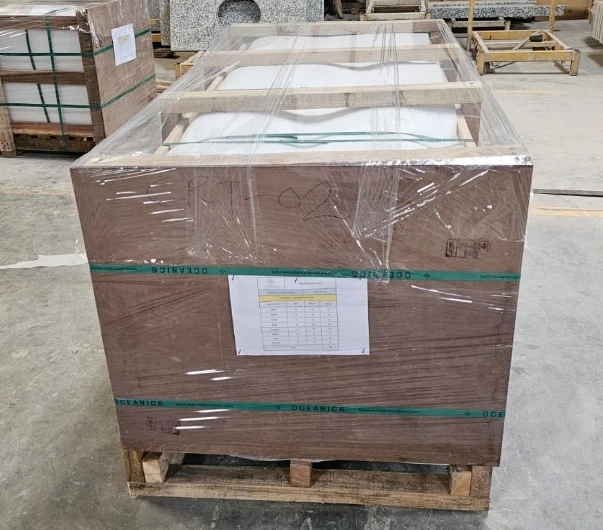 Sealed 4-way wooden crate ready for loading