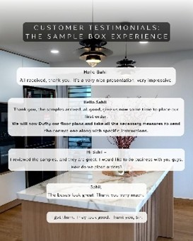 Customer testimonial praising the sample color and the sample boxes.
